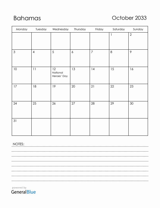 October 2033 Bahamas Calendar with Holidays (Monday Start)