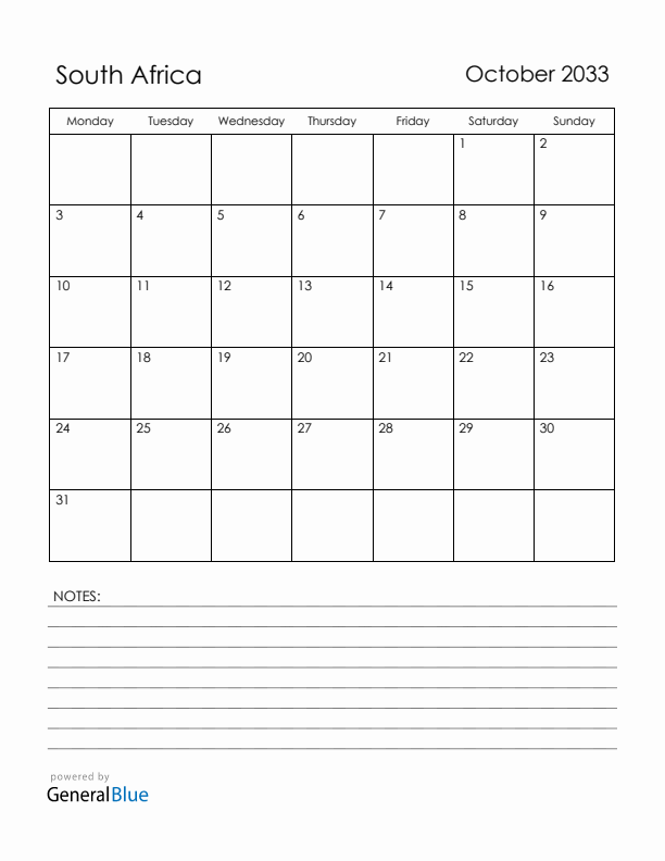 October 2033 South Africa Calendar with Holidays (Monday Start)