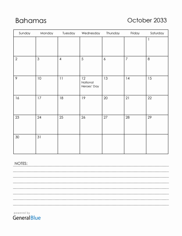 October 2033 Bahamas Calendar with Holidays (Sunday Start)