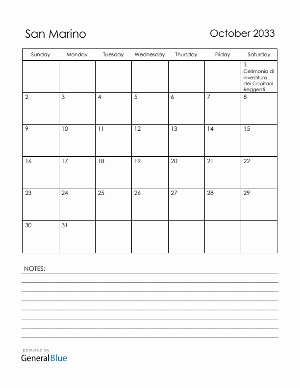 October 2033 San Marino Calendar with Holidays (Sunday Start)