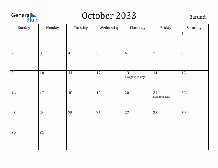 October 2033 Calendar Burundi