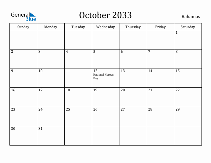 October 2033 Calendar Bahamas