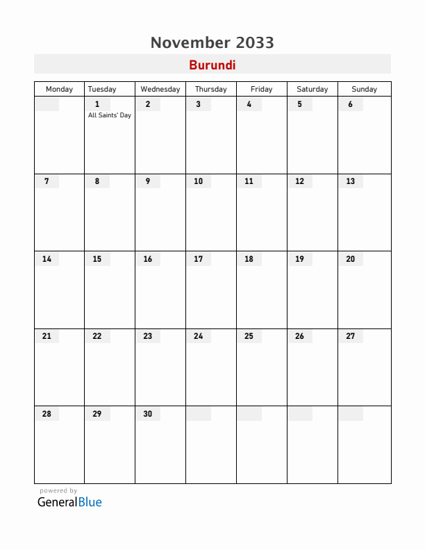 Burundi November 2033 Calendar with Holidays