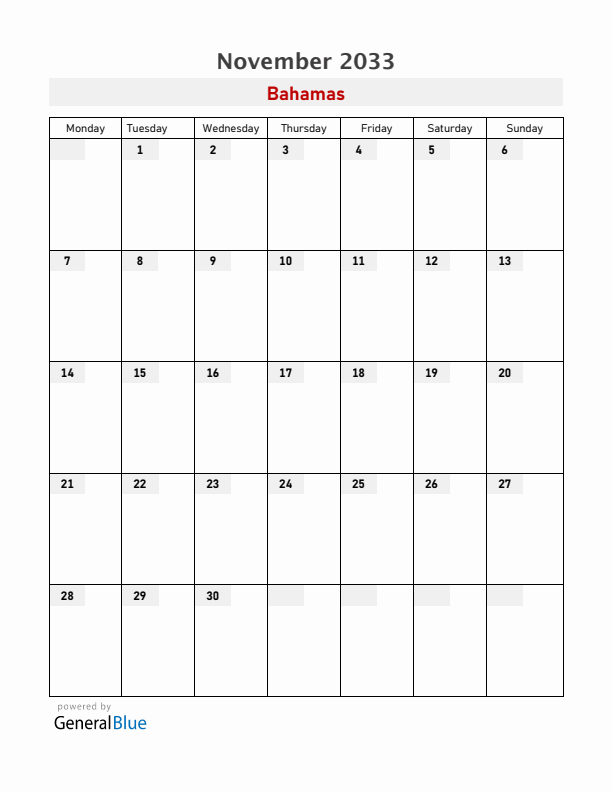 Bahamas November 2033 Calendar with Holidays