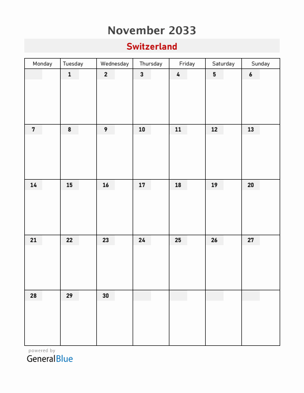 Switzerland November 2033 Calendar with Holidays