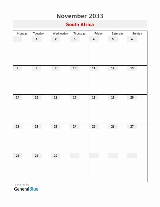 South Africa November 2033 Calendar with Holidays