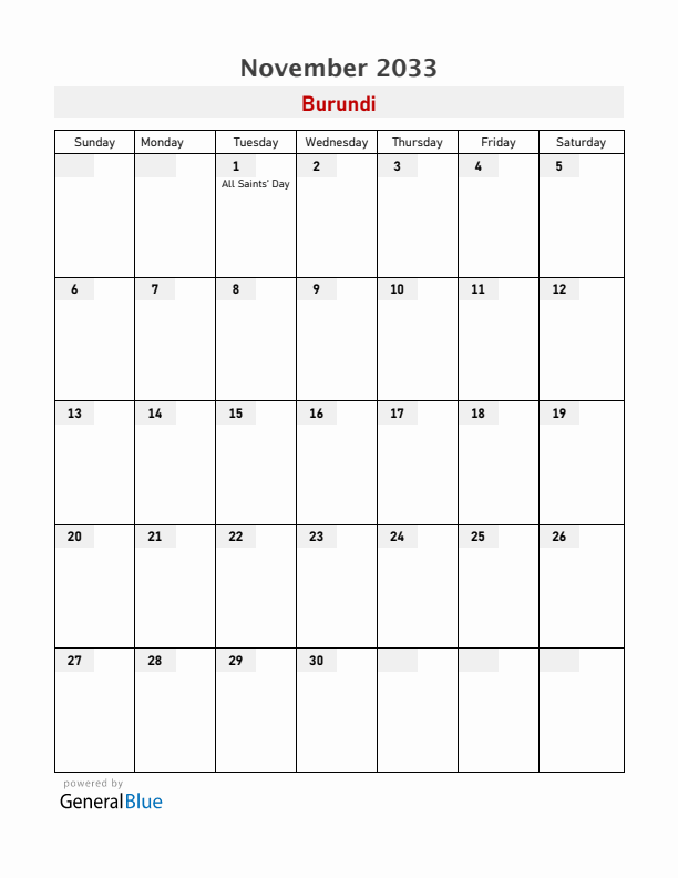 Burundi November 2033 Calendar with Holidays