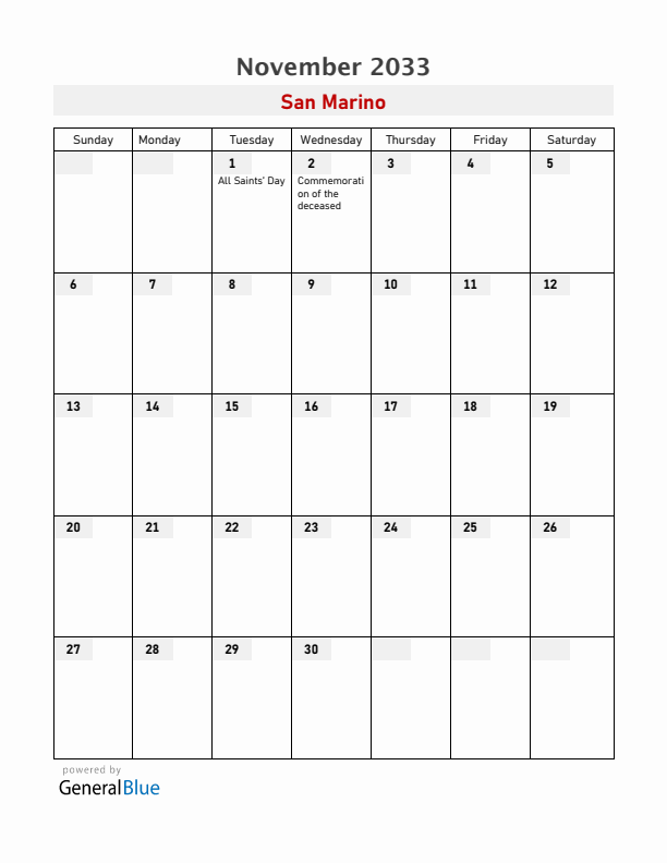 San Marino November 2033 Calendar with Holidays