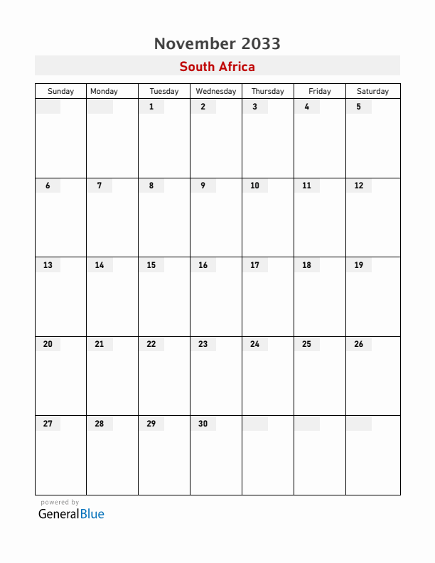 South Africa November 2033 Calendar with Holidays