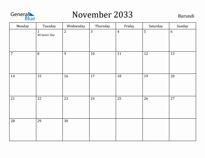 November 2033 Calendar Burundi
