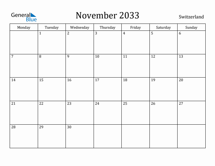 November 2033 Calendar Switzerland