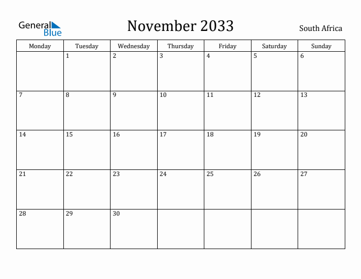 November 2033 Calendar South Africa