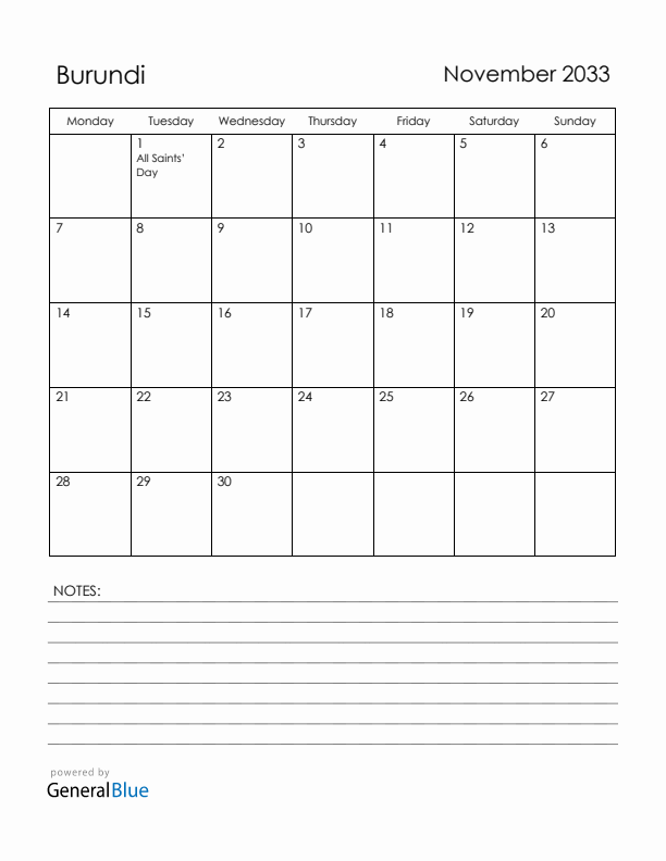 November 2033 Burundi Calendar with Holidays (Monday Start)
