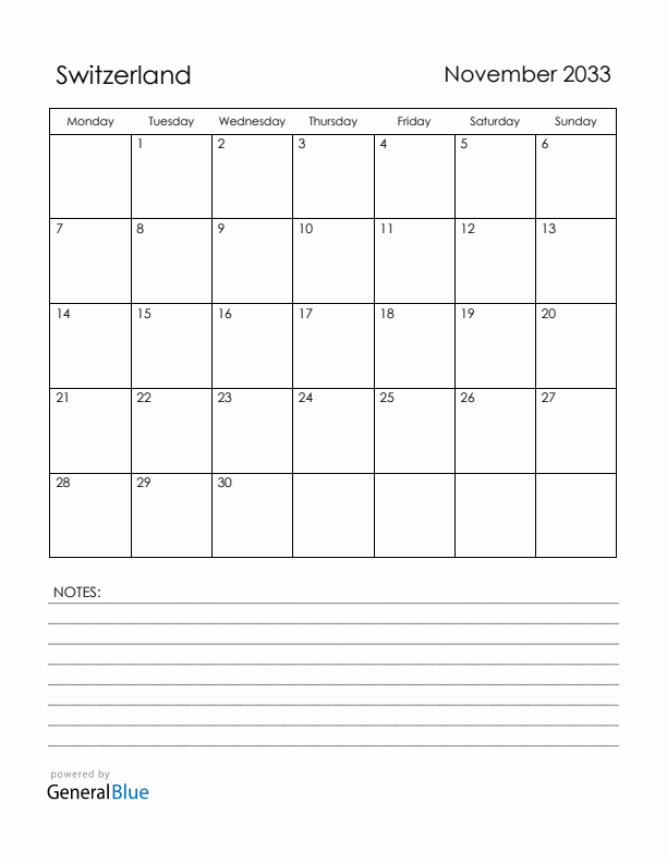 November 2033 Switzerland Calendar with Holidays (Monday Start)
