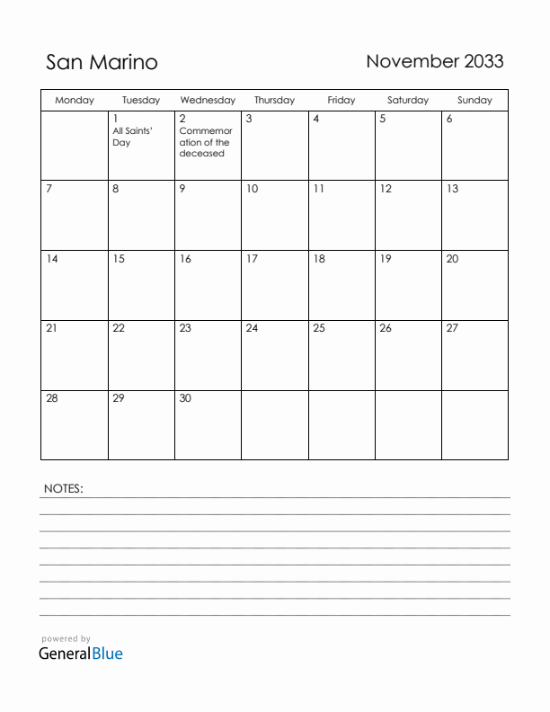 November 2033 San Marino Calendar with Holidays (Monday Start)