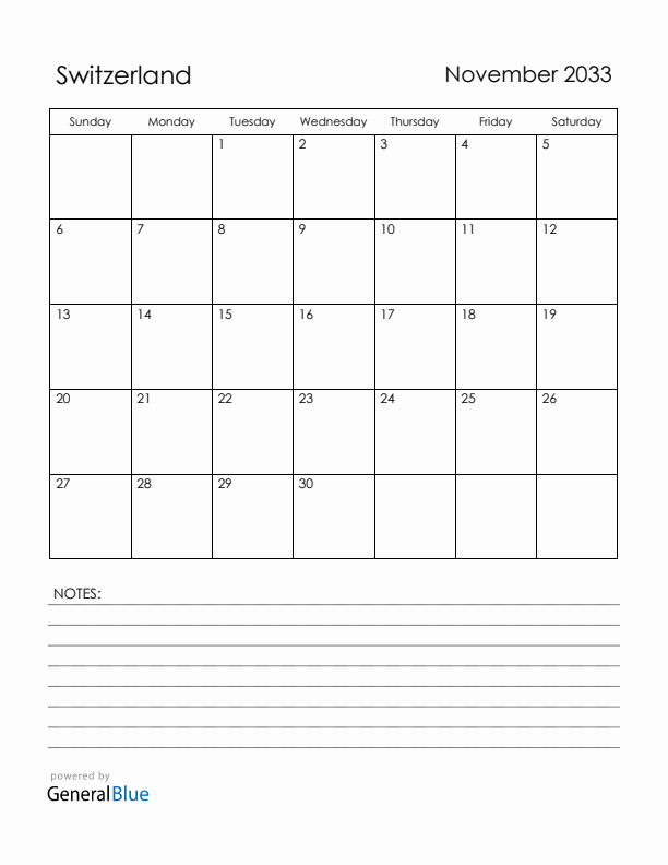 November 2033 Switzerland Calendar with Holidays (Sunday Start)
