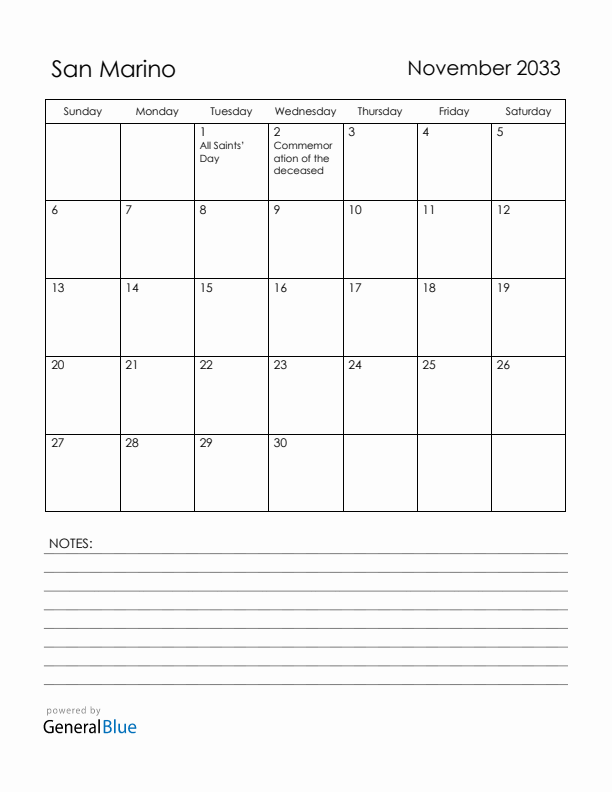 November 2033 San Marino Calendar with Holidays (Sunday Start)