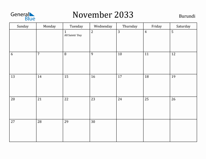 November 2033 Calendar Burundi