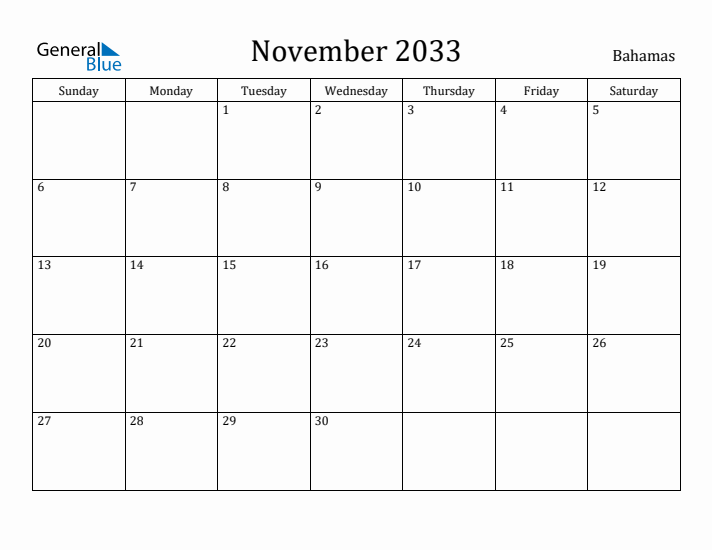 November 2033 Calendar Bahamas