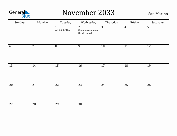 November 2033 Calendar San Marino