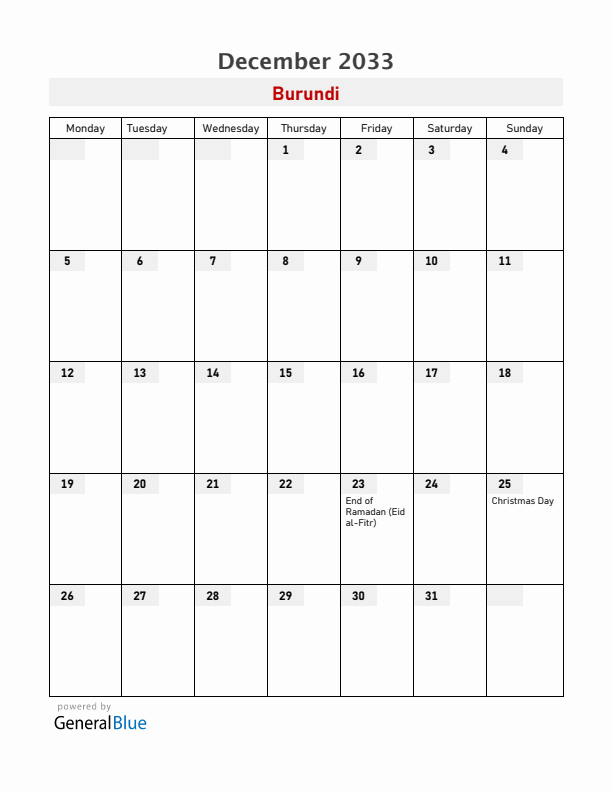 Burundi December 2033 Calendar with Holidays