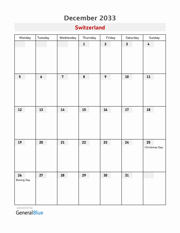 Switzerland December 2033 Calendar with Holidays
