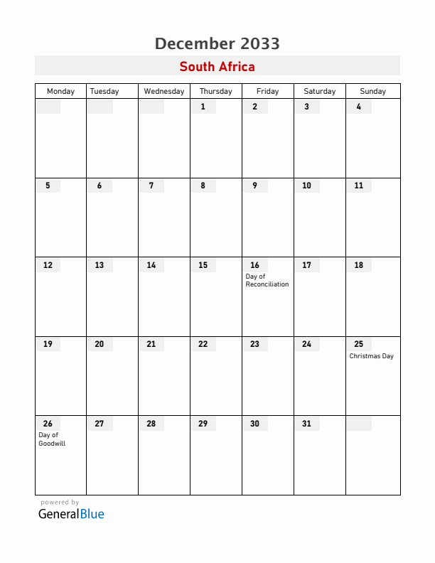 South Africa December 2033 Calendar with Holidays
