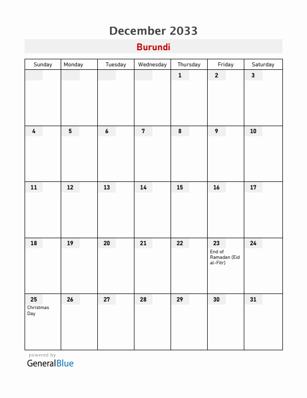 Burundi December 2033 Calendar with Holidays