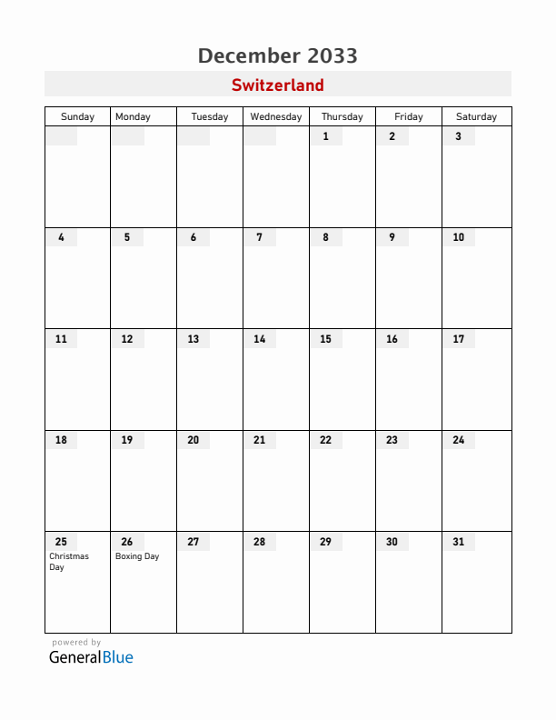 Switzerland December 2033 Calendar with Holidays