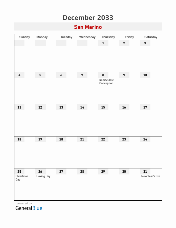 San Marino December 2033 Calendar with Holidays