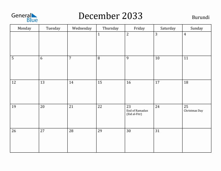 December 2033 Calendar Burundi