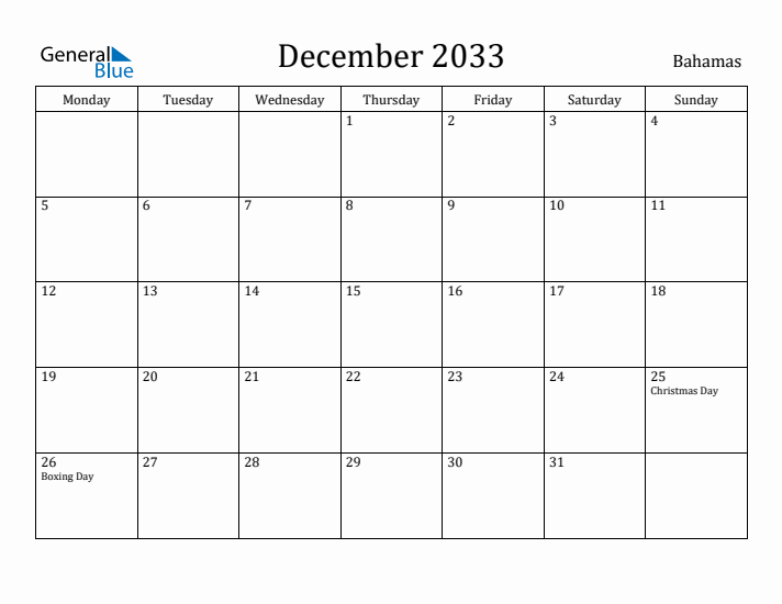 December 2033 Calendar Bahamas