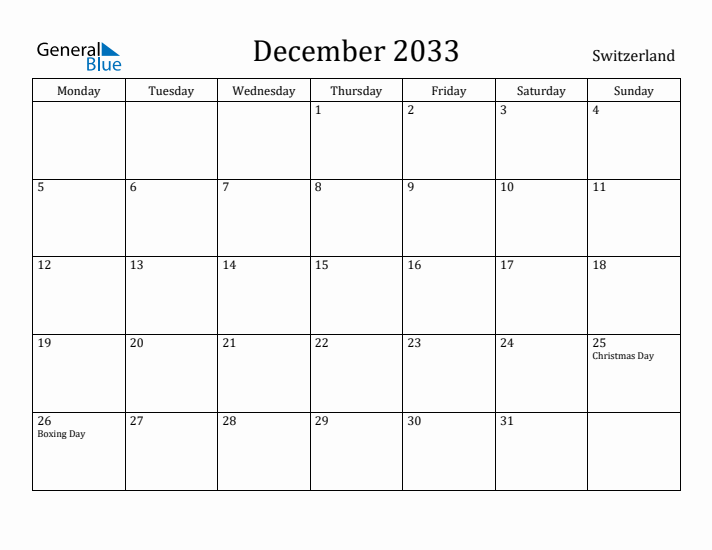 December 2033 Calendar Switzerland