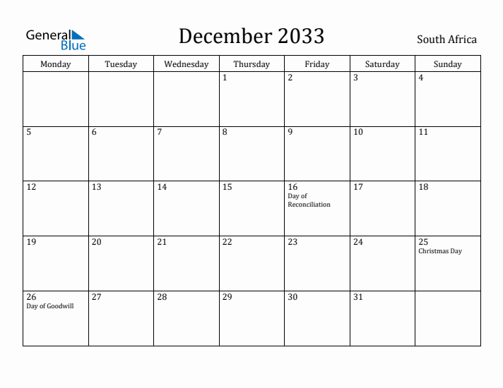 December 2033 Calendar South Africa