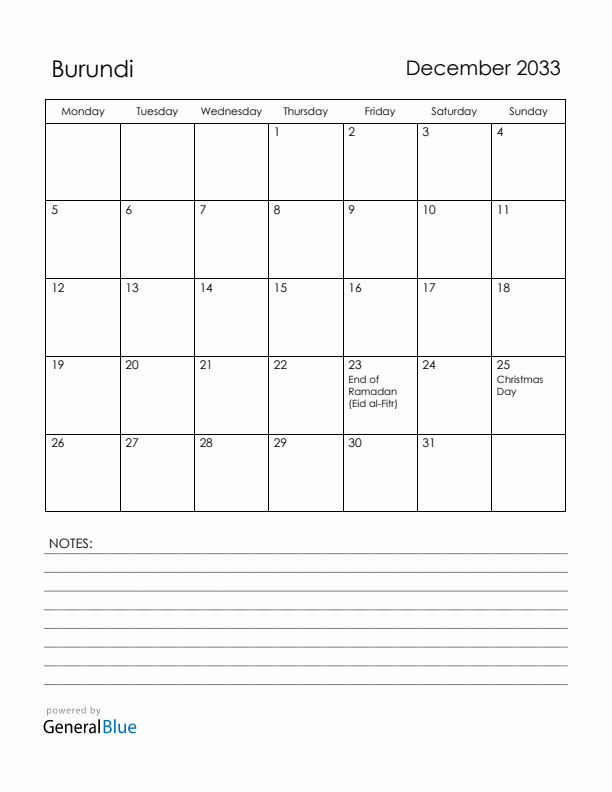 December 2033 Burundi Calendar with Holidays (Monday Start)