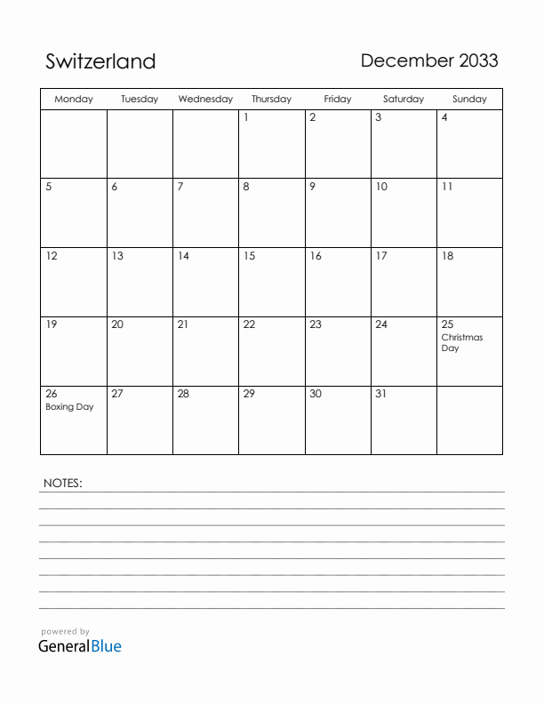 December 2033 Switzerland Calendar with Holidays (Monday Start)