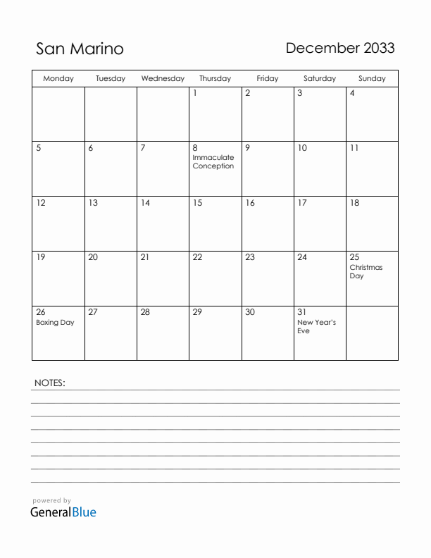 December 2033 San Marino Calendar with Holidays (Monday Start)