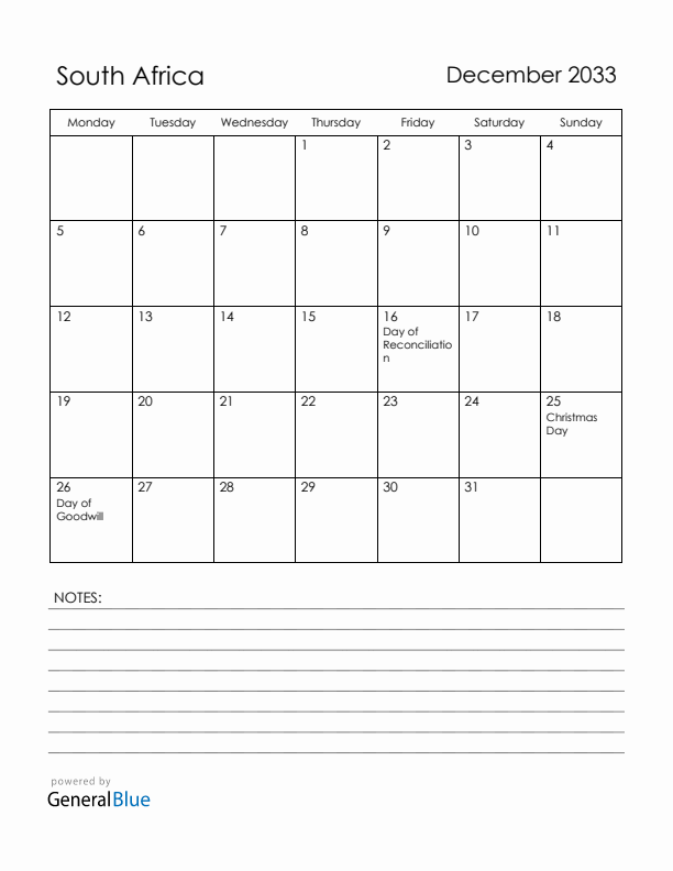December 2033 South Africa Calendar with Holidays (Monday Start)
