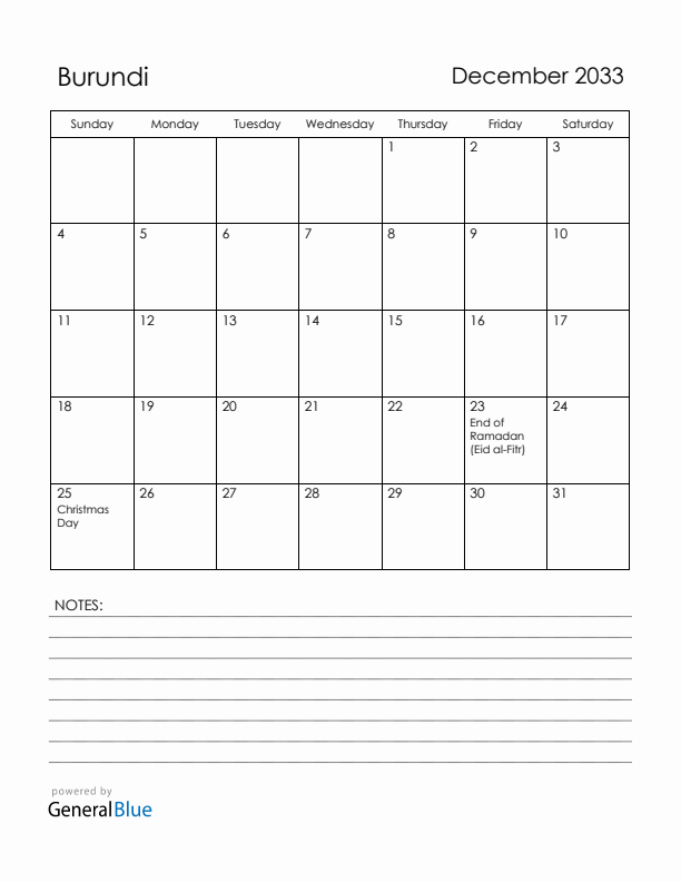 December 2033 Burundi Calendar with Holidays (Sunday Start)