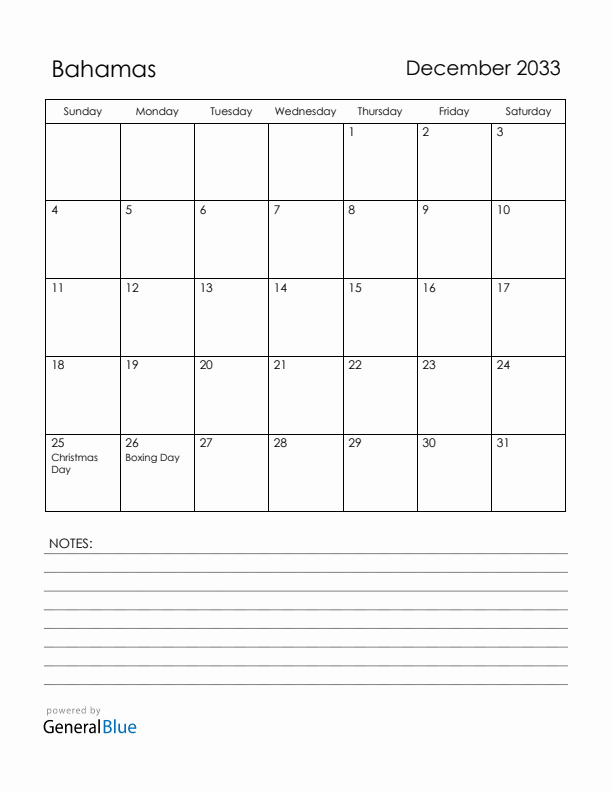 December 2033 Bahamas Calendar with Holidays (Sunday Start)