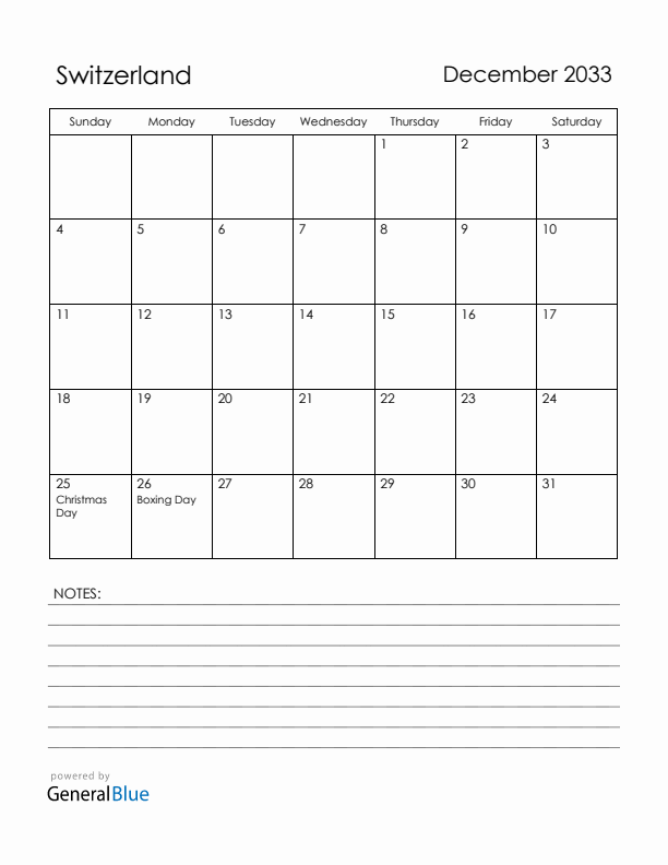 December 2033 Switzerland Calendar with Holidays (Sunday Start)