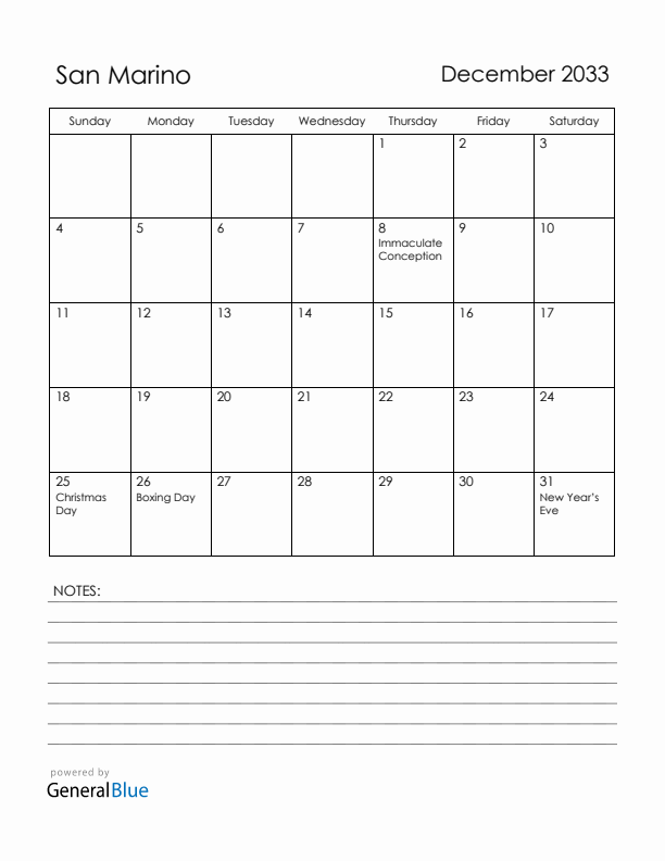 December 2033 San Marino Calendar with Holidays (Sunday Start)