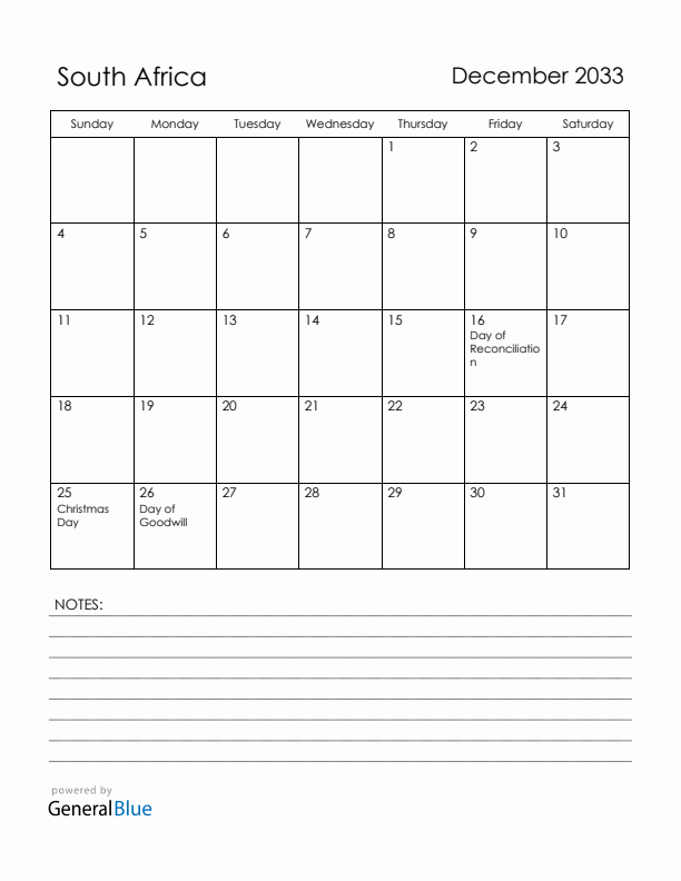 December 2033 South Africa Calendar with Holidays (Sunday Start)