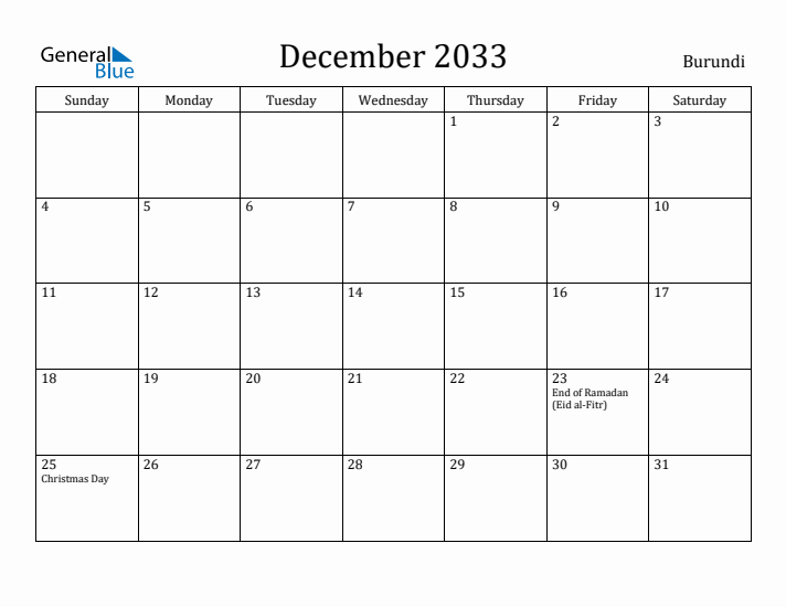 December 2033 Calendar Burundi