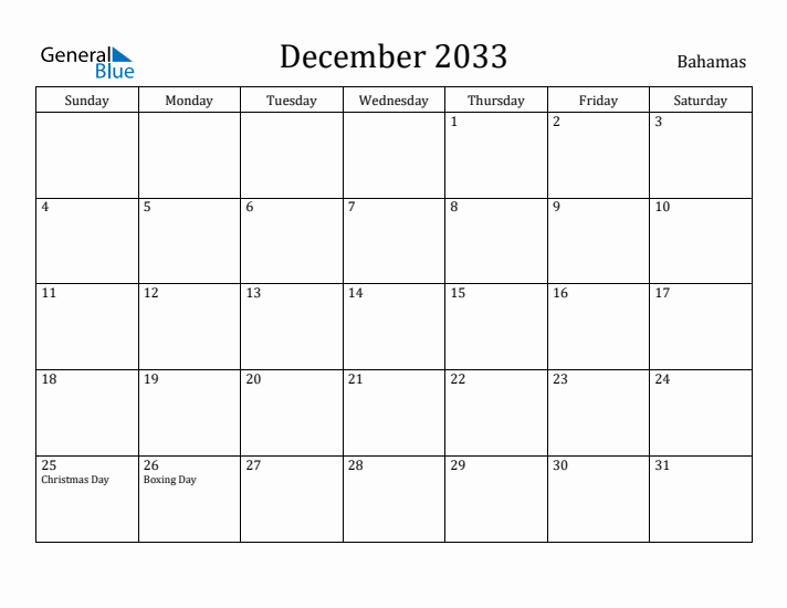 December 2033 Calendar Bahamas