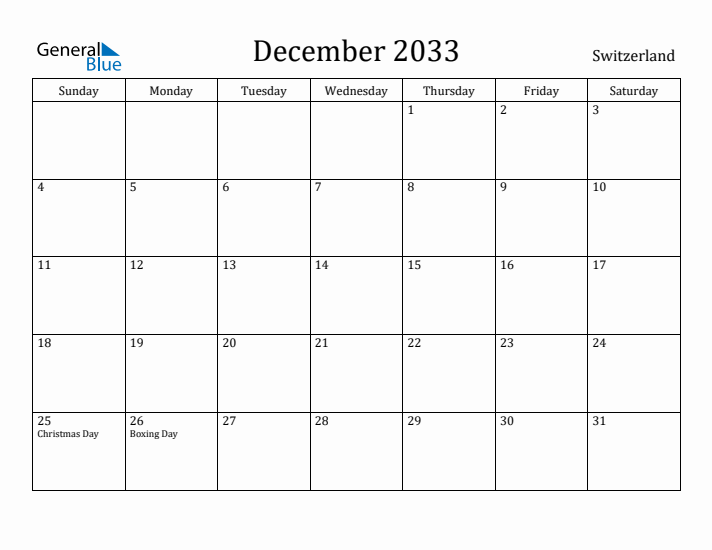 December 2033 Calendar Switzerland