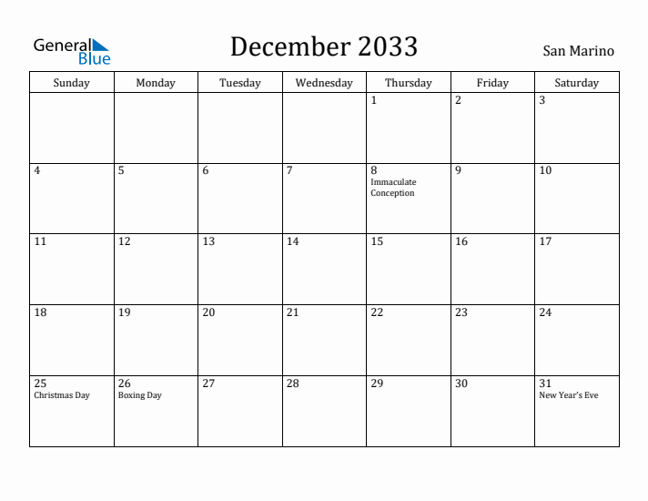 December 2033 Calendar San Marino