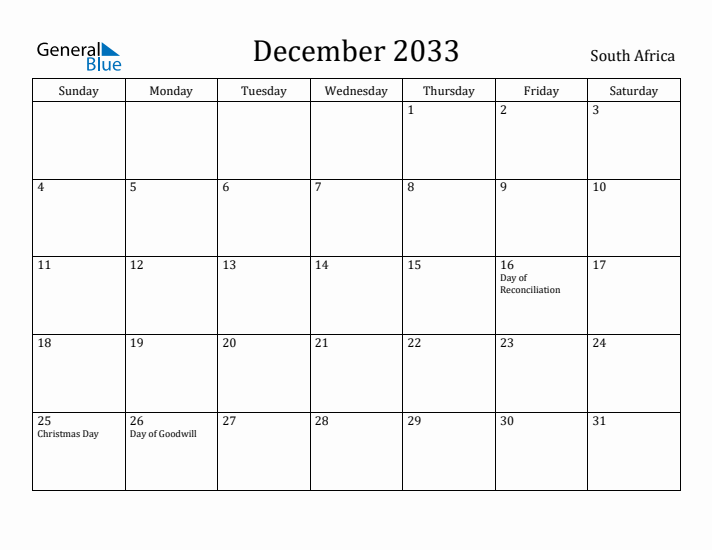 December 2033 Calendar South Africa