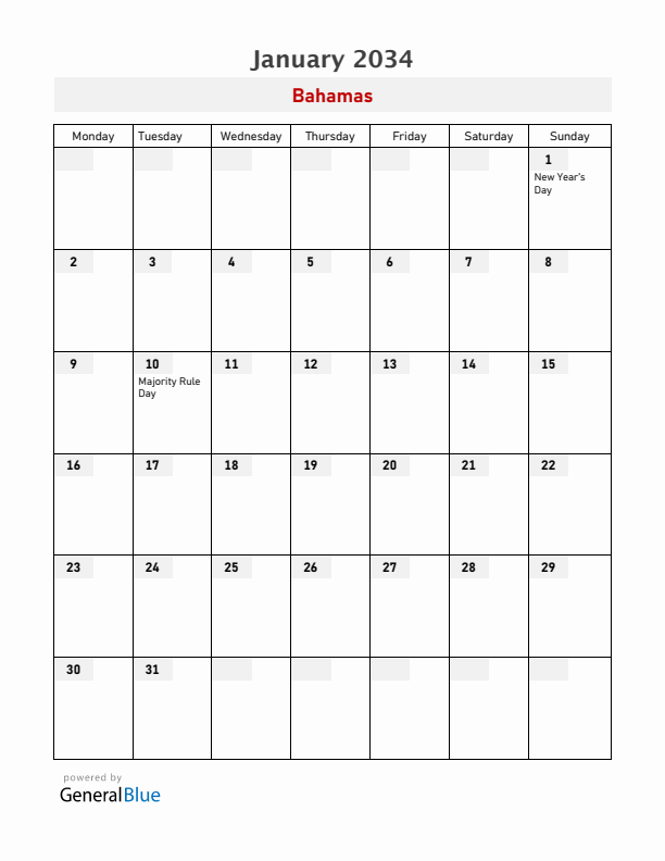 Bahamas January 2034 Calendar with Holidays