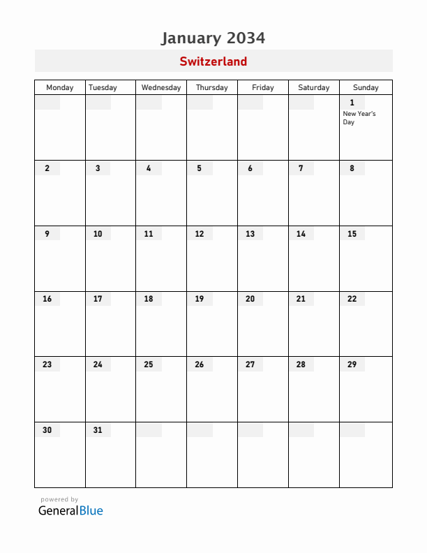 Switzerland January 2034 Calendar with Holidays